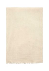Sciarpa tessuta di un leggero color beige con una consistenza morbida, caratterizzata da bordi sfrangiati. Forma rettangolare con un design semplice e sottile.