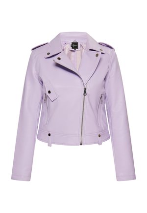 Giacca biker in ecopelle viola lavanda con colletto a scialle, chiusura con zip, tasche laterali ed epaulettes sulle spalle. Tessuto liscio con vestibilità corta.