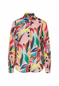 Bunte Bluse mit floralem Muster, bestehend aus grünen, gelben, roten und rosa Blättern auf einem hellrosa Hintergrund; Knopfverschluss und lange Ärmel.