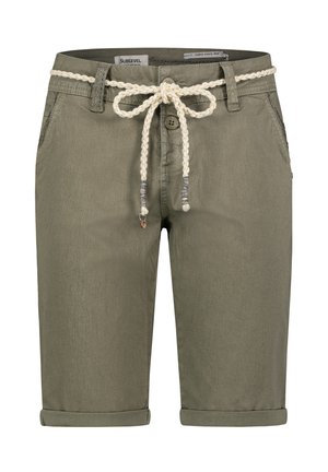 Olive green shorts with rolled cuffs, made from a soft fabric. Features a braided cream-colored belt and two side pockets for utility.