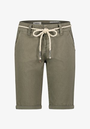 Olive green shorts with rolled cuffs, made from a soft fabric. Features a braided cream-colored belt and two side pockets for utility.