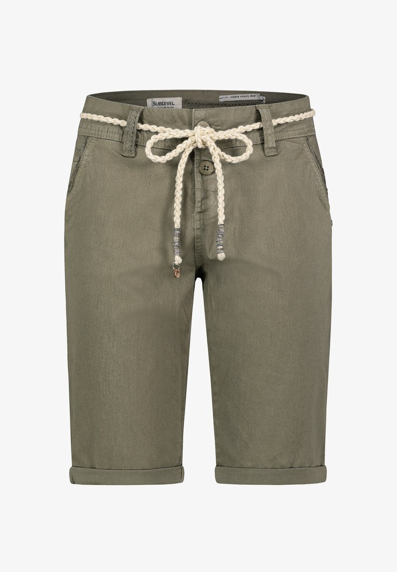 Olive green shorts with rolled cuffs, made from a soft fabric. Features a braided cream-colored belt and two side pockets for utility.