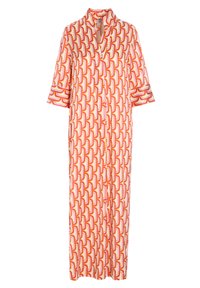 Langer, gemusterter Kimono in Orange, Pink und Gelb mit kurzen Ärmeln, Vorderknopfverschluss und einem weichen, fließenden Stoff. Hat ein geometrisches Design.