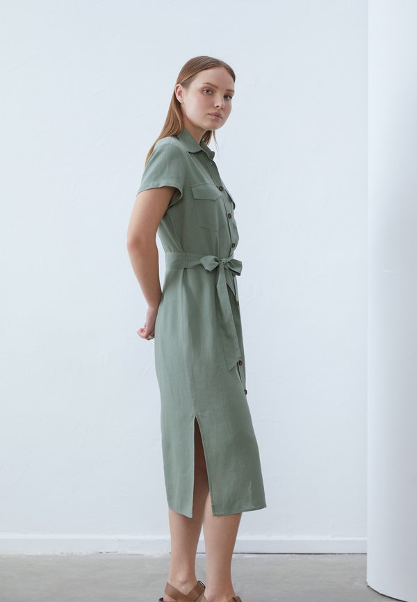 LINEN BLEND SHIRT DRESS - Shirt dress - khaki
