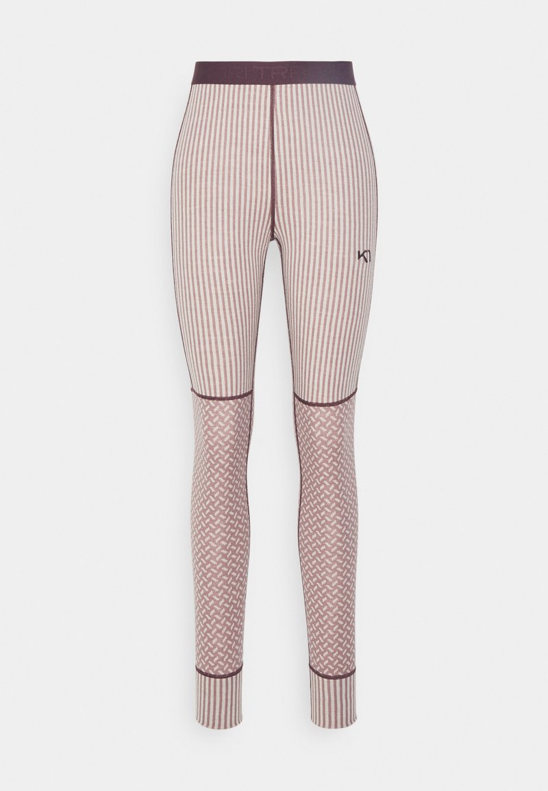 Strumpfhosen mit einer figurbetonten Passform, die vertikale Streifen in Beige und Burgunderrot, ein strukturiertes Muster unterhalb des Knies und einen elastischen Bund aufweisen.
