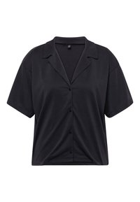 Chemise noire à manches courtes boutonnée, coupe décontractée et col à revers, présentée sur un fond blanc uni.