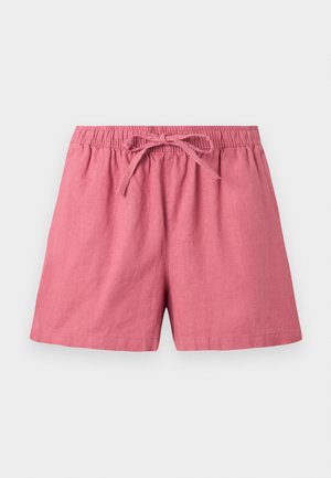 Roze losse korte broek met elastische tailleband en voorste trekkoord, gemaakt van lichtgewicht stof.