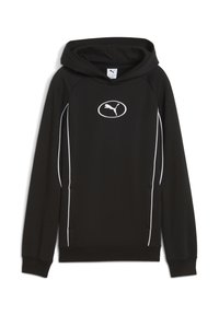 Sudadera negra con un bolsillo tipo canguro, detalles blancos a lo largo de los lados y un logo central. Está hecha de una tela suave y texturizada.