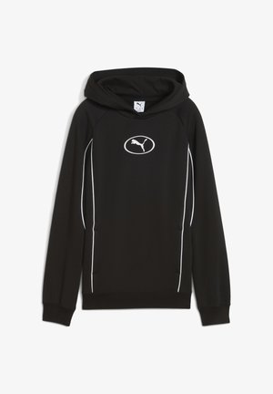 Musta huppari kengurupussilla, valkoiset yksityiskohdat sivuilla ja keskeinen logo. Valmistettu pehmeästä, tekstuurista kankaasta.