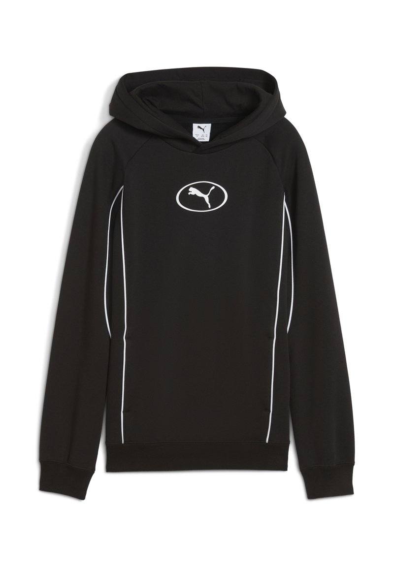 Sudadera negra con un bolsillo tipo canguro, detalles blancos a lo largo de los lados y un logo central. Está hecha de una tela suave y texturizada.