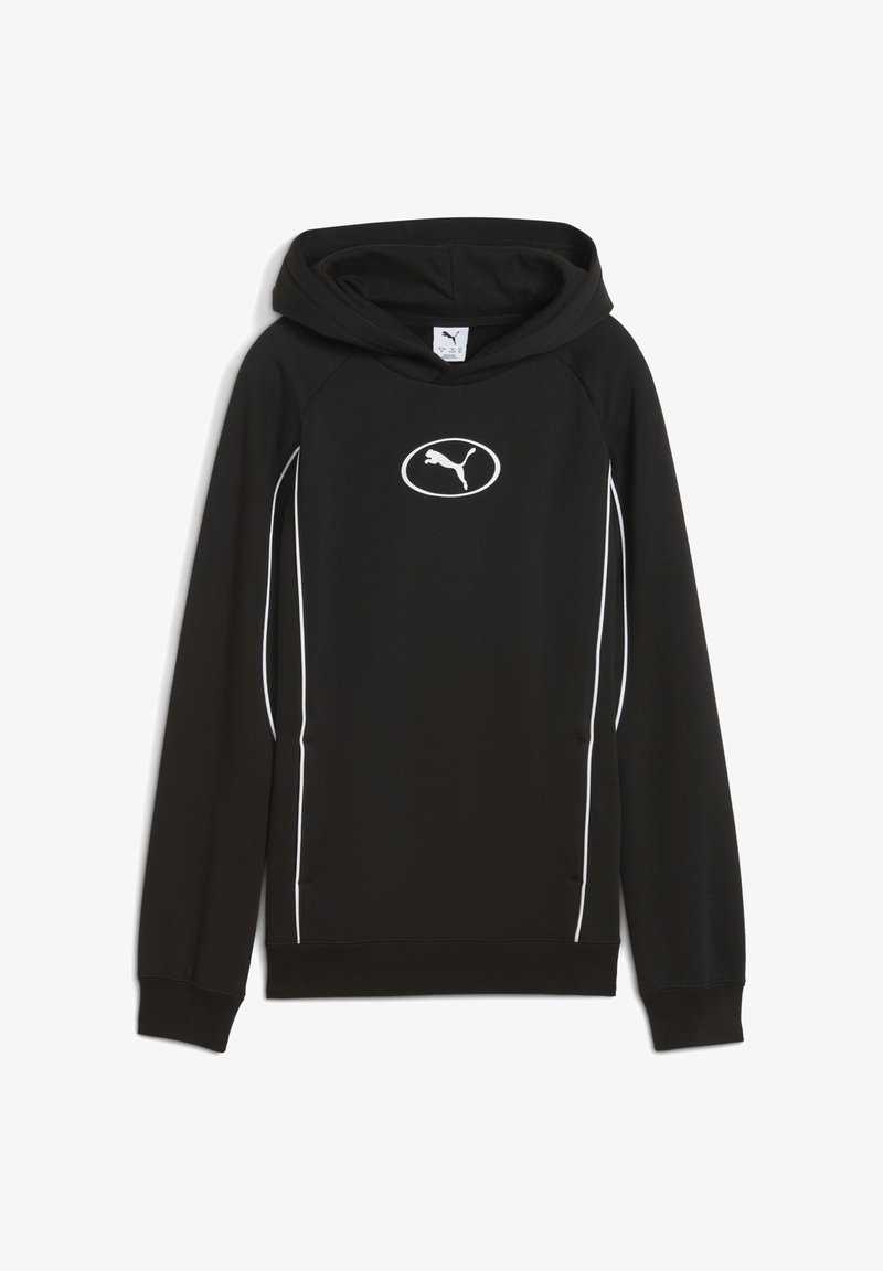 Felpa nera con tasca a marsupio, dettagli bianchi lungo i lati e un logo centrale. Realizzata in tessuto morbido e strutturato.