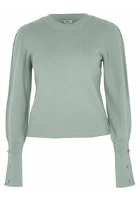 Light green knitted sweater with a round neckline, long sleeves, and button detailing on the cuffs. Smooth texture, fitted design.