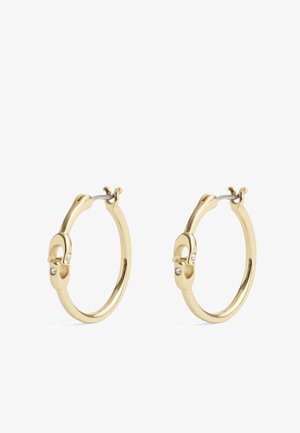 Boucles d'oreilles créoles en finition dorée avec un design à fermoir, présentant une surface lisse et de petites strass intégrés pour une touche de détails supplémentaire.