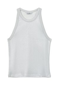 Top senza maniche in argento realizzato in materiale a coste, con scollo rotondo e bordi perfetti, dotato di una leggera lucentezza su tutta la superficie. Etichetta del marchio visibile.