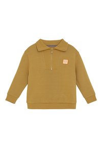 Mosterdgele sweater met lange mouwen, halve ritssluiting en een klein "GOOD TIMES BY NPPS" label op de linkerkant van de borst.
