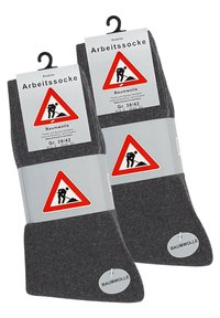 Calze da lavoro in cotone grigio con punta e tallone rinforzati, confezionate con un'etichetta che presenta un triangolo di avviso e un grafico di un lavoratore. Taglia 39/42.