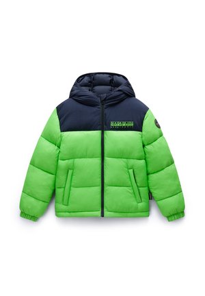 Padded jacket with a hood; bright green body and navy blue shoulders. Zipper front, two side pockets, and a logo on the chest area.