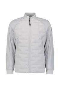 Hellgraue Zip-Jacke mit gepolstertem Brustbereich, glattem Stoff, hohem Kragen und elastischen Bündchen. Mit einem Logo-Patch am linken Ärmel.