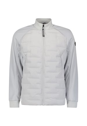 Lichtgrijze jack met rits, verpakt borst, gladde stof, hoge kraag en elastische manchetten. Bevat een logopatch op de linker mouw.