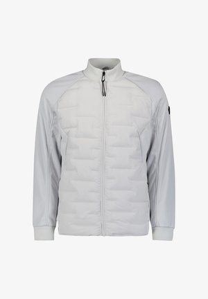 Light gray zip-up jacket with padded chest, smooth fabric, high collar, and elastic cuffs. Features a logo patch on the left sleeve.