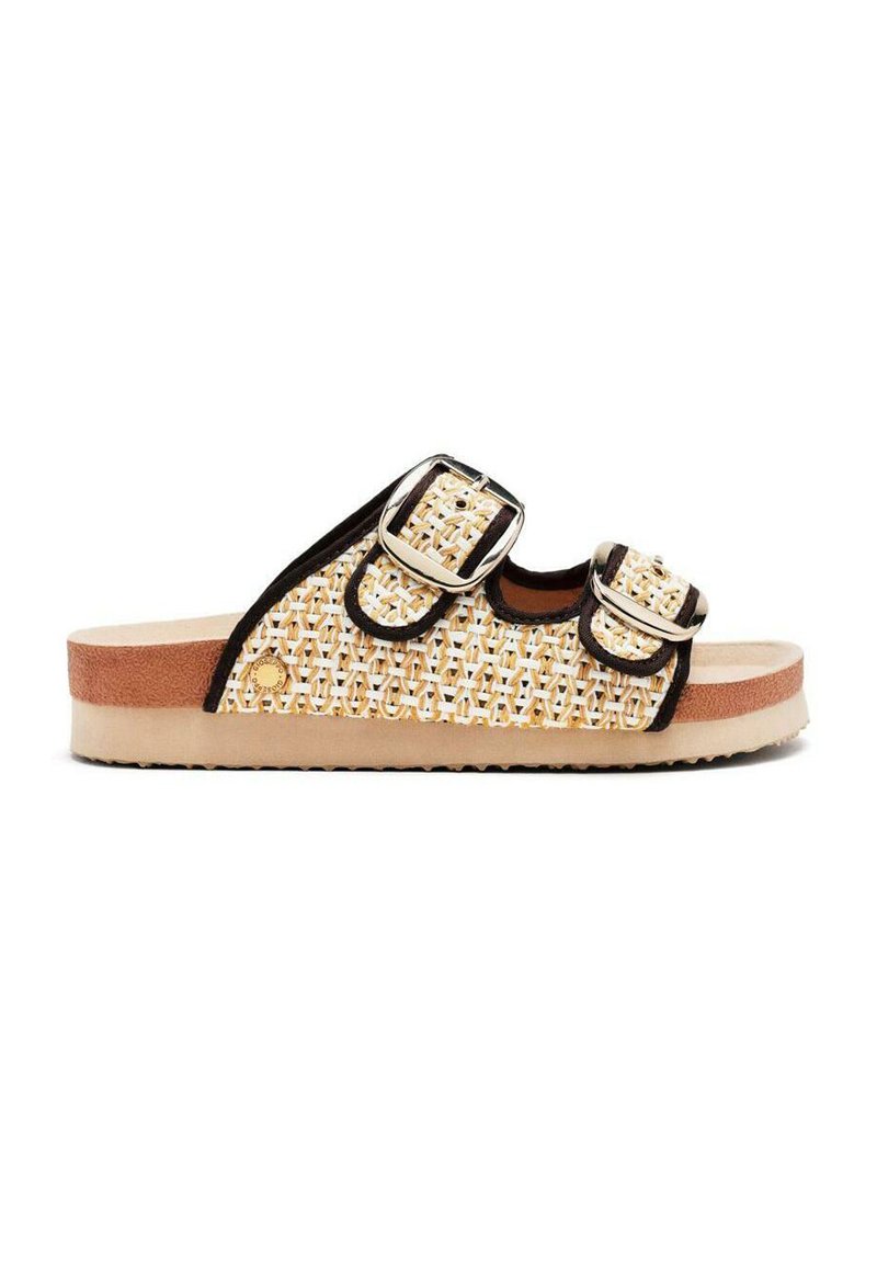 Sandali slip-on intrecciati con due fibbie regolabili, featuring una combinazione di colori beige e nera, una tomaia testurizzata e una suola spessa e imbottita.