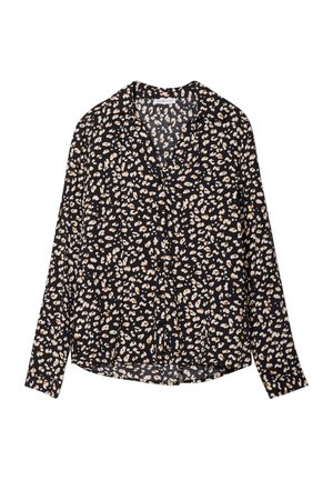 Black long-sleeve blouse featuring a leopard print pattern in beige and light brown, with a collar and button detail down the front.