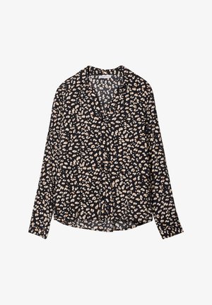 Blouse noire à manches longues avec un motif léopard en beige et marron clair, dotée d'un col et de détails de boutons sur le devant.