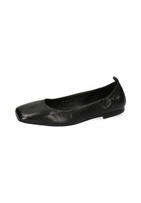 Ballerine in pelle nera con punta quadrata, suola nera sottile e lati elasticizzati per una perfetta aderenza, dotate di una piccola linguetta sul tallone.