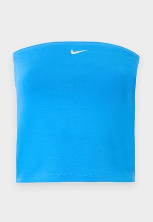 Φωτεινό μπλε strapless tube top της Nike με λευκό λογότυπο Swoosh στο κέντρο κοντά στο πάνω άκρο.