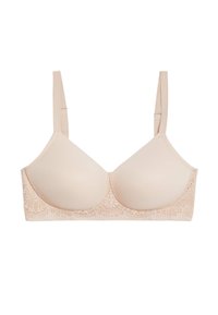 Bra beige con pizzo, con coppe a forma preformata, spalline regolabili, design senza cuciture e una texture liscia. Design semplice e funzionale.