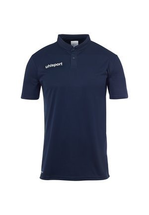 Polo bleu marine en tissu lisse, avec un col à deux boutons, des manches courtes et un logo "uhlsport" blanc sur la poitrine gauche.