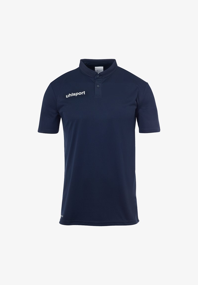 Marineblå polo shirt lavet af glat stof, med en to-knaps gennemgang, korte ærmer og hvid "uhlsport" logo på venstre bryst.