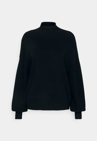 Maglione nero lavorato a maglia con collo alto, design oversize e maniche lunghe. La texture a coste sul corpo e sui polsini arricchisce il dettaglio tattili.