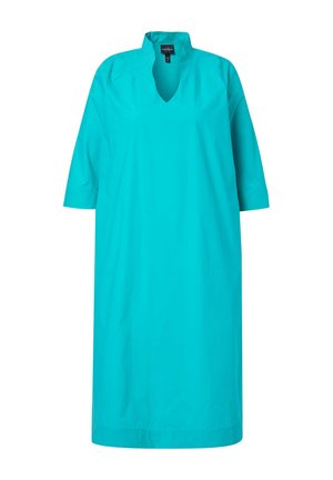 Turquoise jurk tot op de knie met driekwart mouwen, V-hals en geplooide details bij de kraag.