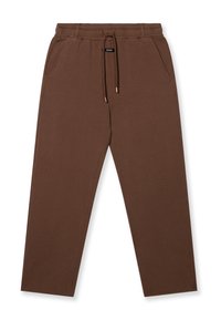 Bruine sweatpants van zacht materiaal, met een elastische tailleband met een trekkoord, twee zijzakken en een rechte pijpdesign.
