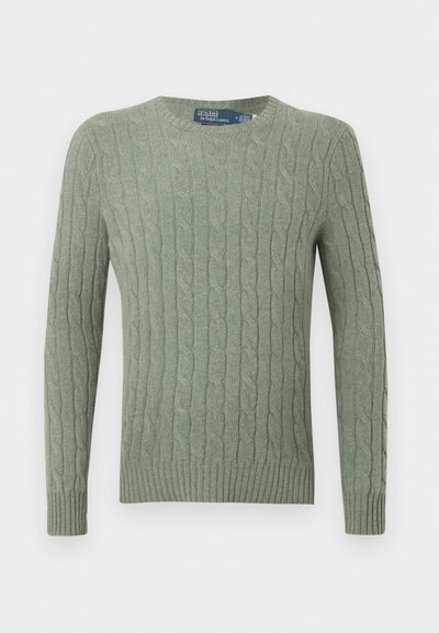 Camisola de malha grossa verde claro com decote redondo e punhos e bainha canelados. Feita de material macio, apresenta padrões texturizados por toda a peça.