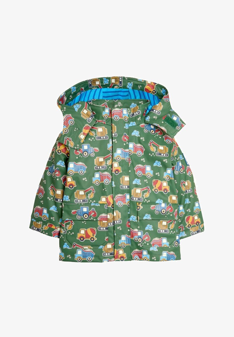 Wasserdichter grüner Regenmantel mit bunten Mustern von Lastwagen und Baustellenfahrzeugen, einem blauen gestreiften Innenfutter und Druckknopfverschluss.