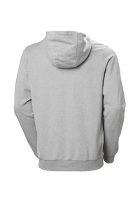 Sudadera de mezcla de algodón gris con capucha ajustable, puños y cinturilla acanalados, que presenta una textura suave y un diseño sencillo y clásico.