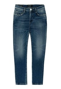 Jeans de mezclilla azul oscuro con un corte ajustado, que cuentan con un diseño de cinco bolsillos, cierre frontal de botón y cremallera, y un ligero desgaste en la tela.
