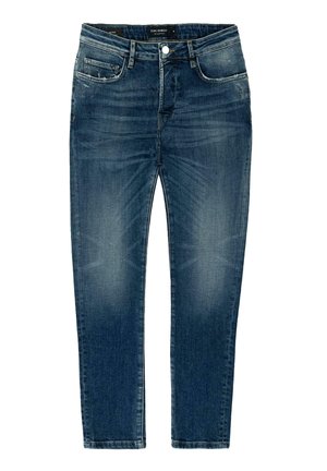 Jeans de mezclilla azul oscuro con un corte ajustado, que cuentan con un diseño de cinco bolsillos, cierre frontal de botón y cremallera, y un ligero desgaste en la tela.