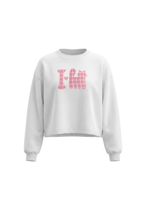 Hvid cropped sweatshirt med lange ærmer med pink ternet tekst og former, inklusive et hjerte og en katte-silhuet på brystet.