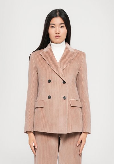 Blazer a doppio petto in corduroy rosa chiaro, con righe orizzontali, rever a lancia, due tasche frontali e bottoni neri.