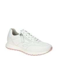 White leather sneaker with pink sole, featuring lace closure and a side zipper. Smooth texture and curved design details.