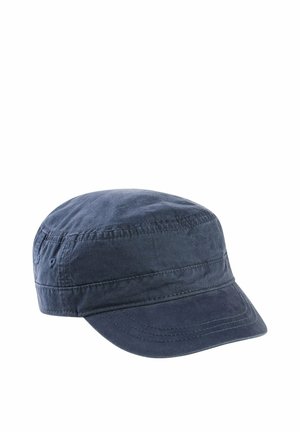 Marineblauwe katoenen militaire pet met een afgeronde kroon, gestikte panelen en een gebogen klep.