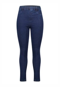 Donkerblauwe denim leggings met elastische tailleband en een aansluitend ontwerp, voorzien van voorzakken en een zachte textuur. Geen zichtbare bevestigingsmiddelen of versieringen.