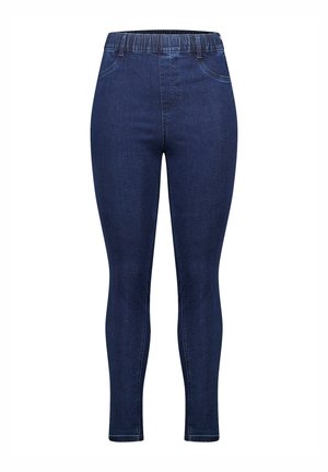 Donkerblauwe denim leggings met elastische tailleband en een aansluitend ontwerp, voorzien van voorzakken en een zachte textuur. Geen zichtbare bevestigingsmiddelen of versieringen.