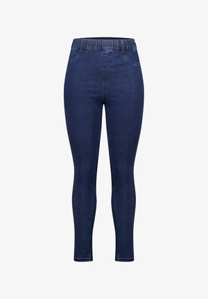 Donkerblauwe denim leggings met elastische tailleband en een aansluitend ontwerp, voorzien van voorzakken en een zachte textuur. Geen zichtbare bevestigingsmiddelen of versieringen.