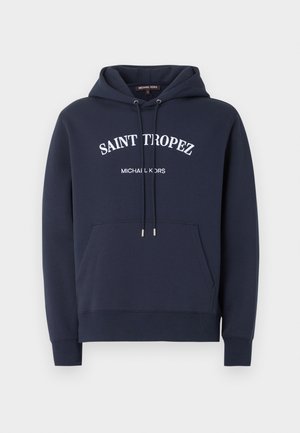 Marineblauer Hoodie mit Kängurutasche, Kordelzügen und weißem „Saint Tropez“- und „Michael Kors“-Schriftzug vorne.