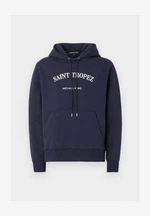 Hanorac bleumarin cu buzunar tip marsupiu în față, șnururi și text alb „Saint Tropez” și „Michael Kors” pe partea din față.