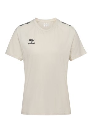 Beżowa sportowa koszulka z krótkim rękawem i okrągłym dekoltem, czarne logo hummel na lewej piersi oraz czarne wzory w jodełkę na ramionach.